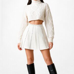 Vintage Y2K White Studded High Waited Flared Skater Mini Skirt Size S